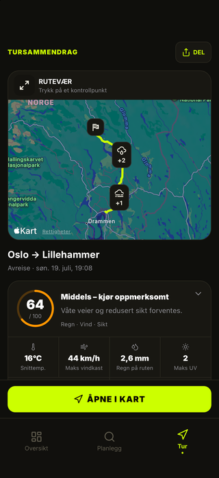 MotoMeteos turoppsummering med vær langs ruten, farer og utstyrsråd