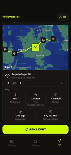 Vejrdetaljer ved rutens kontrolpunkter