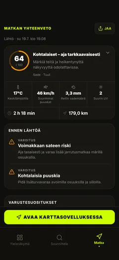 Ajajan varoitukset – tuuli, häikäisy, jää