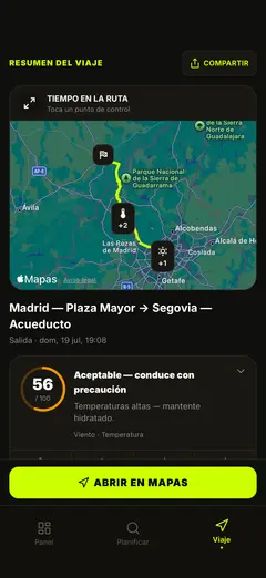 Mapa meteorológico de la ruta y resumen del viaje