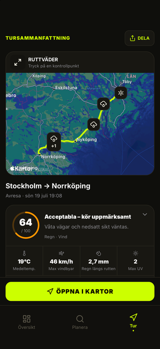 MotoMeteos tursammanfattning med förhållanden längs rutten, risker och utrustningsråd