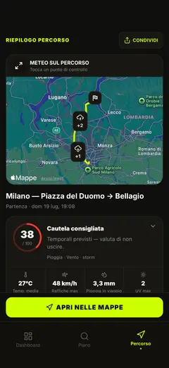 Mappa meteo del percorso e panoramica del viaggio