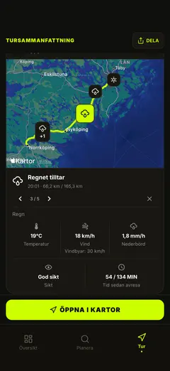 Väderdetaljer vid ruttens kontrollpunkter