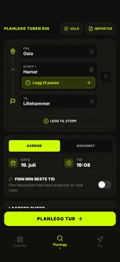 Planlegg rute og avreisetid