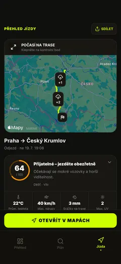 Mapa počasí na trase a přehled jízdy