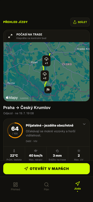 Souhrn jízdy v MotoMeteo s podmínkami na trase, riziky a doporučenou výbavou