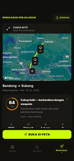 Peta cuaca rute dan ringkasan perjalanan