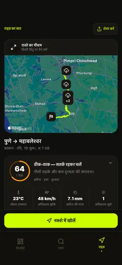 रास्ते का मौसम नक्शा और राइड का अवलोकन