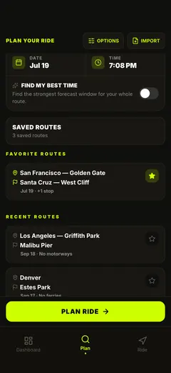 Saved routes — replan in one tap