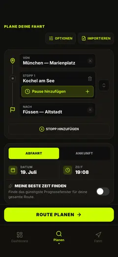 Plane Route und Abfahrtszeit