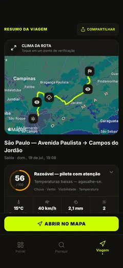 Mapa do clima da rota e resumo do passeio