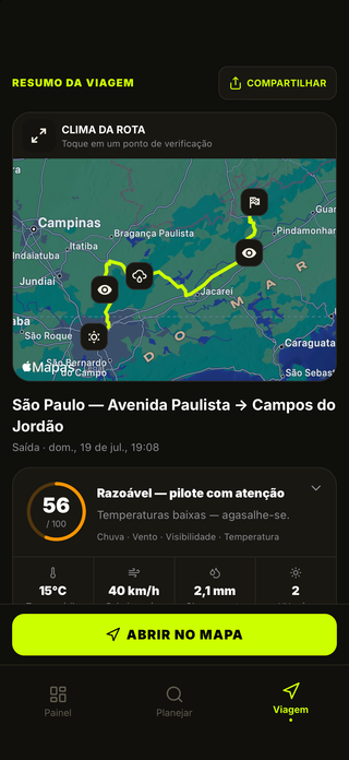 Resumo de passeio do MotoMeteo com condições da rota, perigos e orientações sobre equipamentos