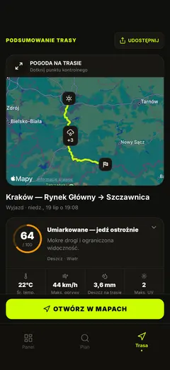 Mapa pogody na trasie i podsumowanie przejazdu