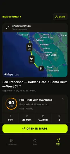 Route weather map and ride overview