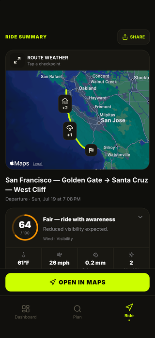 MotoMeteo ride summary with route conditions, hazards, and gear guidance
