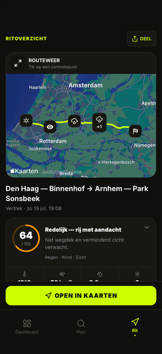 MotoMeteo-ritsamenvatting met routeomstandigheden, gevaren en uitrustingsadvies