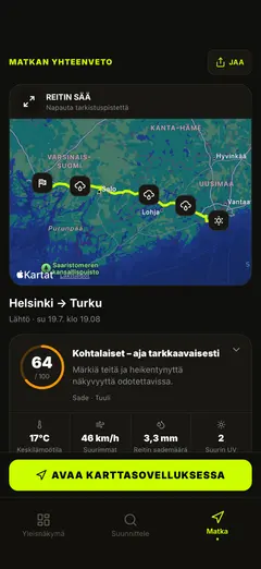 Reitin sääkartta ja matkan yleiskuva